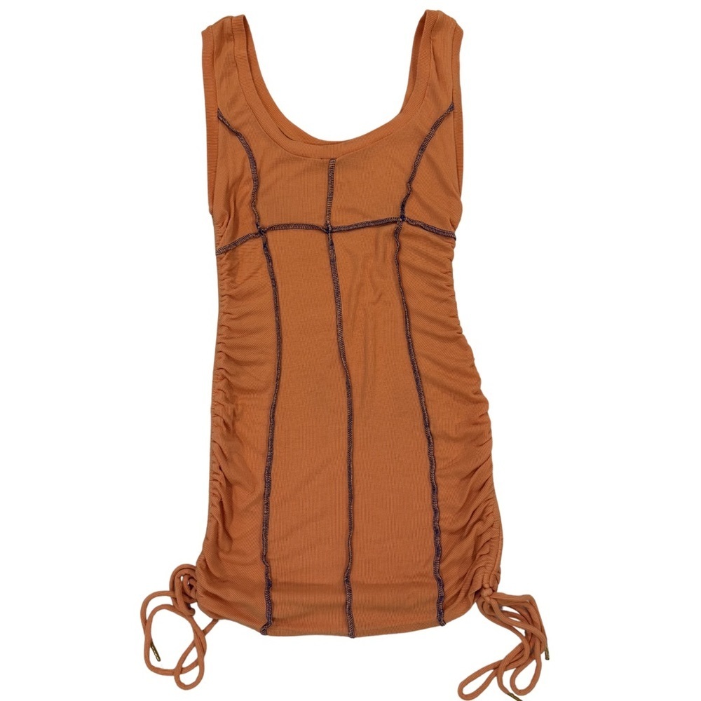 Side Cinch Mini Dress in Orange with Blue Stitching - Picture 2 of 5